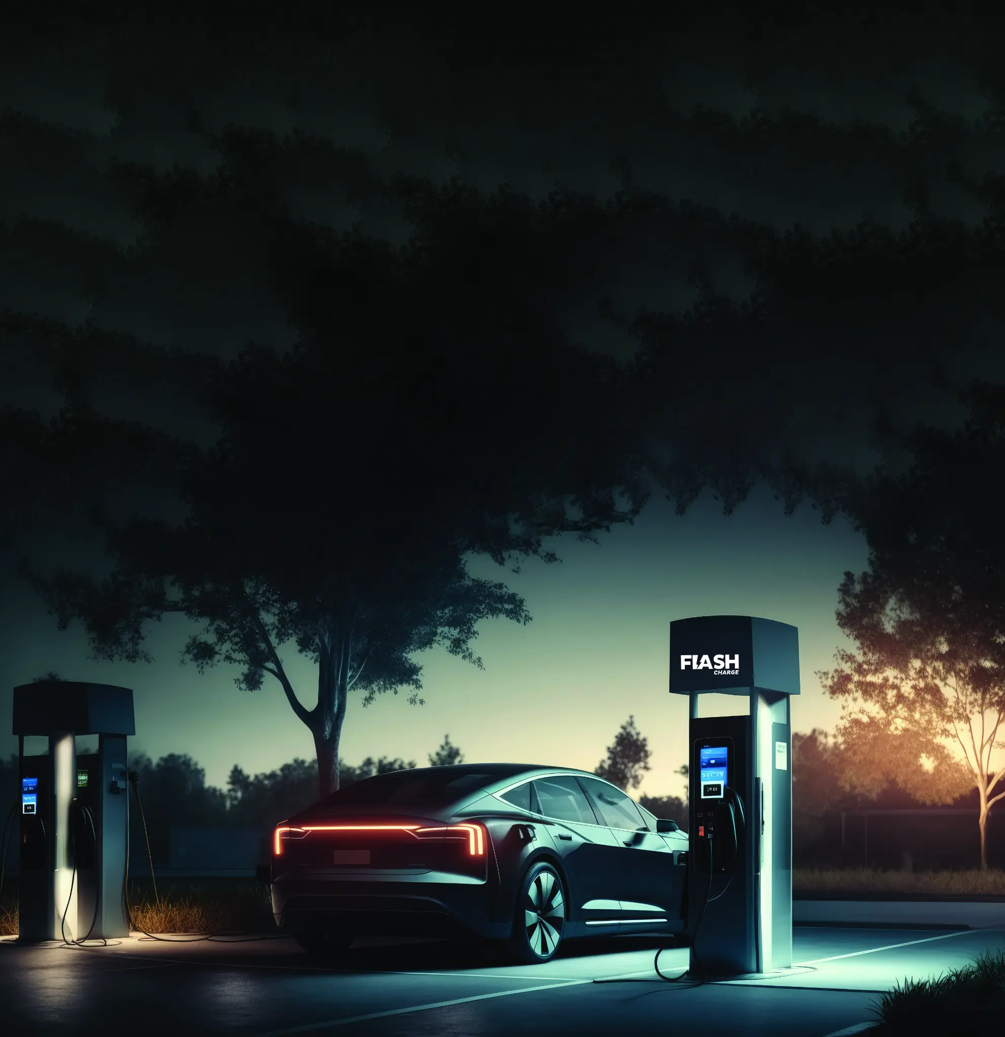 Flash Charge EV charging station at night with modern design