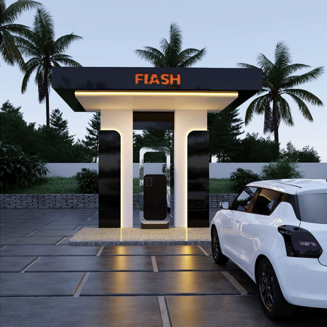 Flash Charge compact EV charging station with vehicle