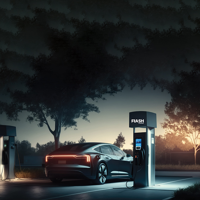 Flash Charge highway fast charging station at sunset
